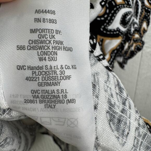 Susan Graver PURE Printed Linen Blend Elbow Sleeve Camp Shirt Black Tan Size 1X - Picture 2 of 9